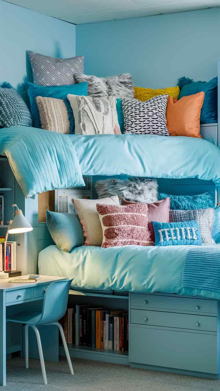 Light Blue Dorm Room Ideas with Accent Pillows