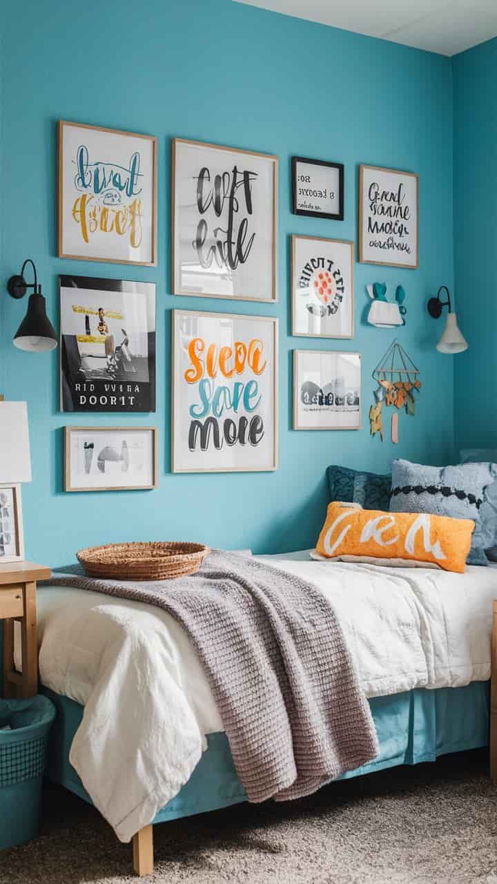 Light Blue Dorm Room Ideas with DIY Wall Art