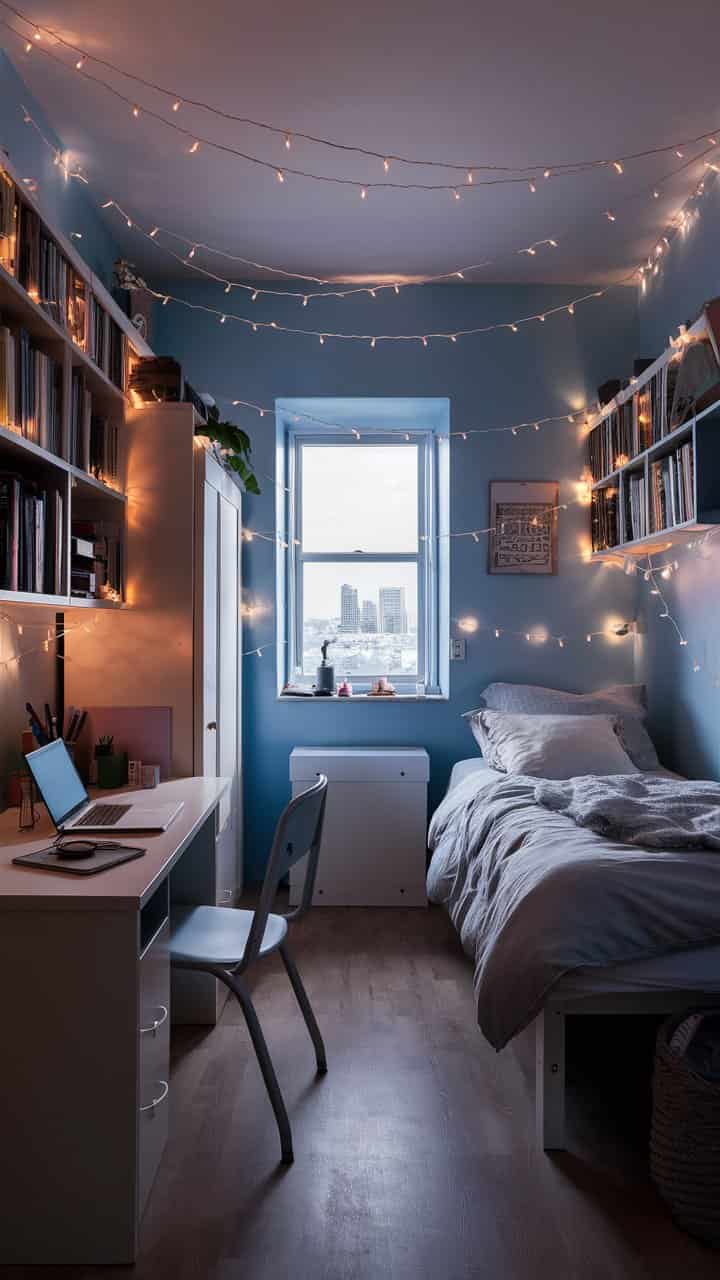 Light Blue Dorm Room Ideas with Fairy Lights