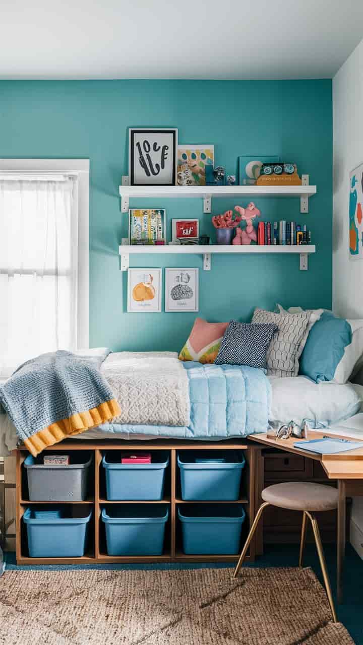 Light Blue Dorm Room Ideas with Storage Bins