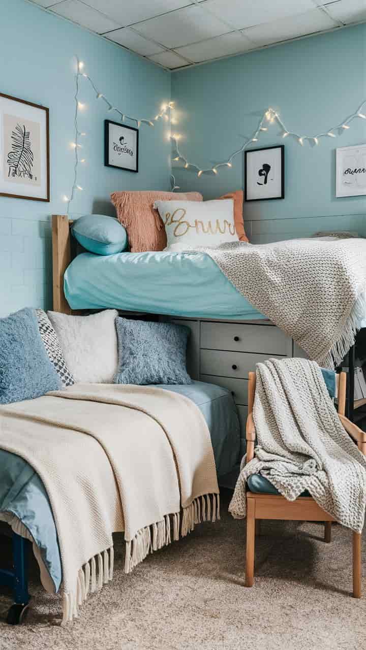 Light Blue Dorm Room Ideas with Cozy Throws