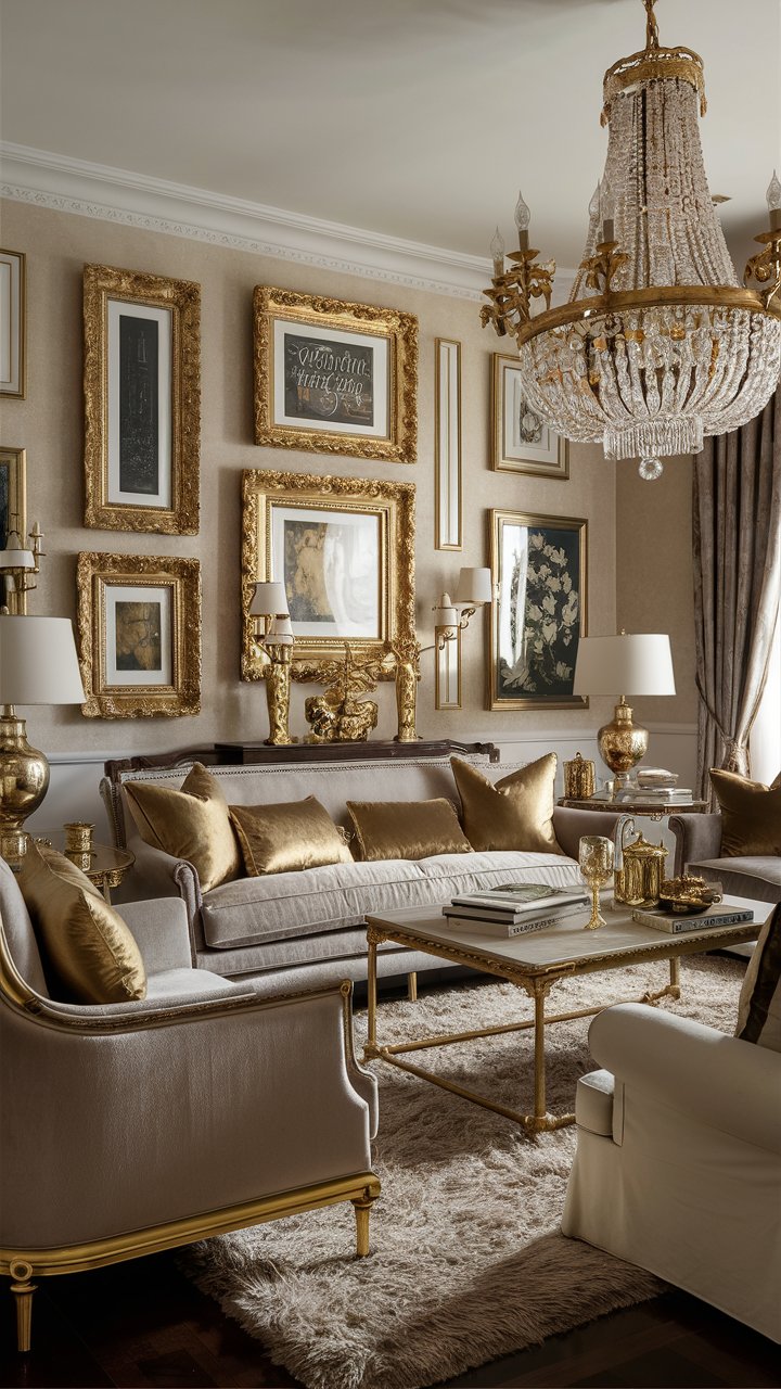 Glam Living Room Decor Ideas with Metallic Accents