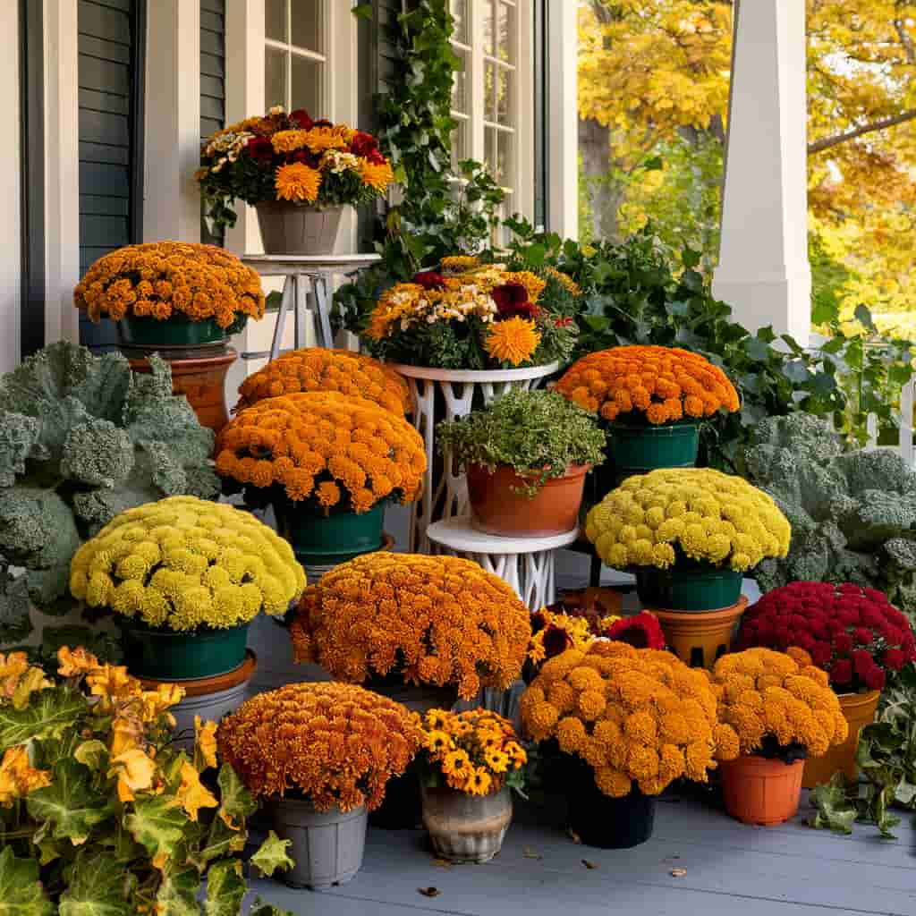 Fall Porch Decor with Fall Flowers and Plants