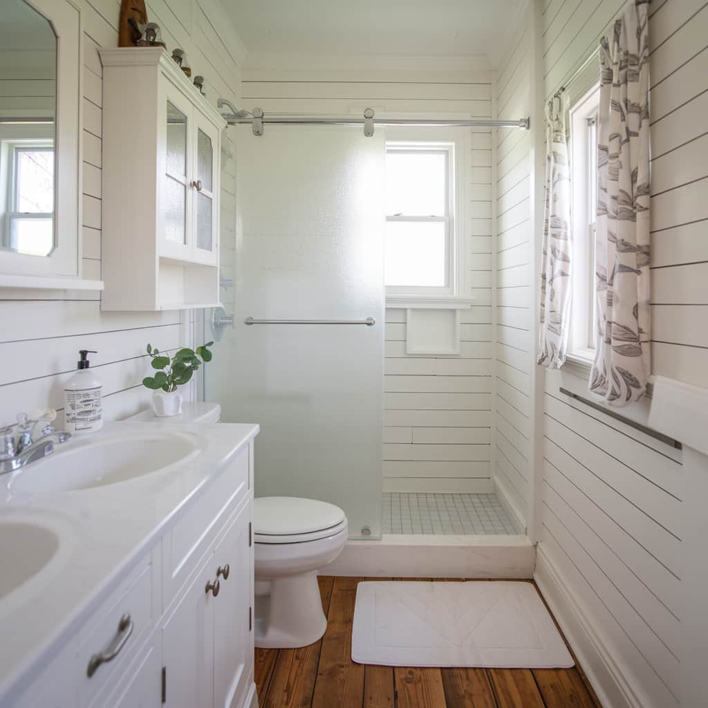 Small Farmhouse Bathroom with Glass Shower Door