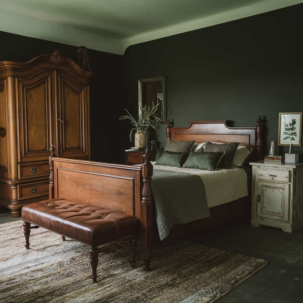 Dark Cottagecore Bedroom with Vintage Wooden Furniture