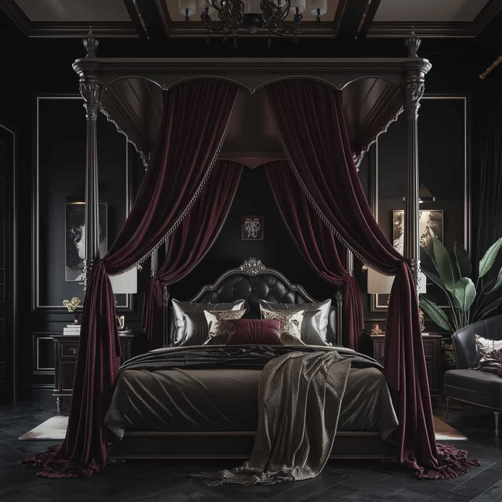 Dark Romantic Bedroom with Canopy Bed with Dark Drapes