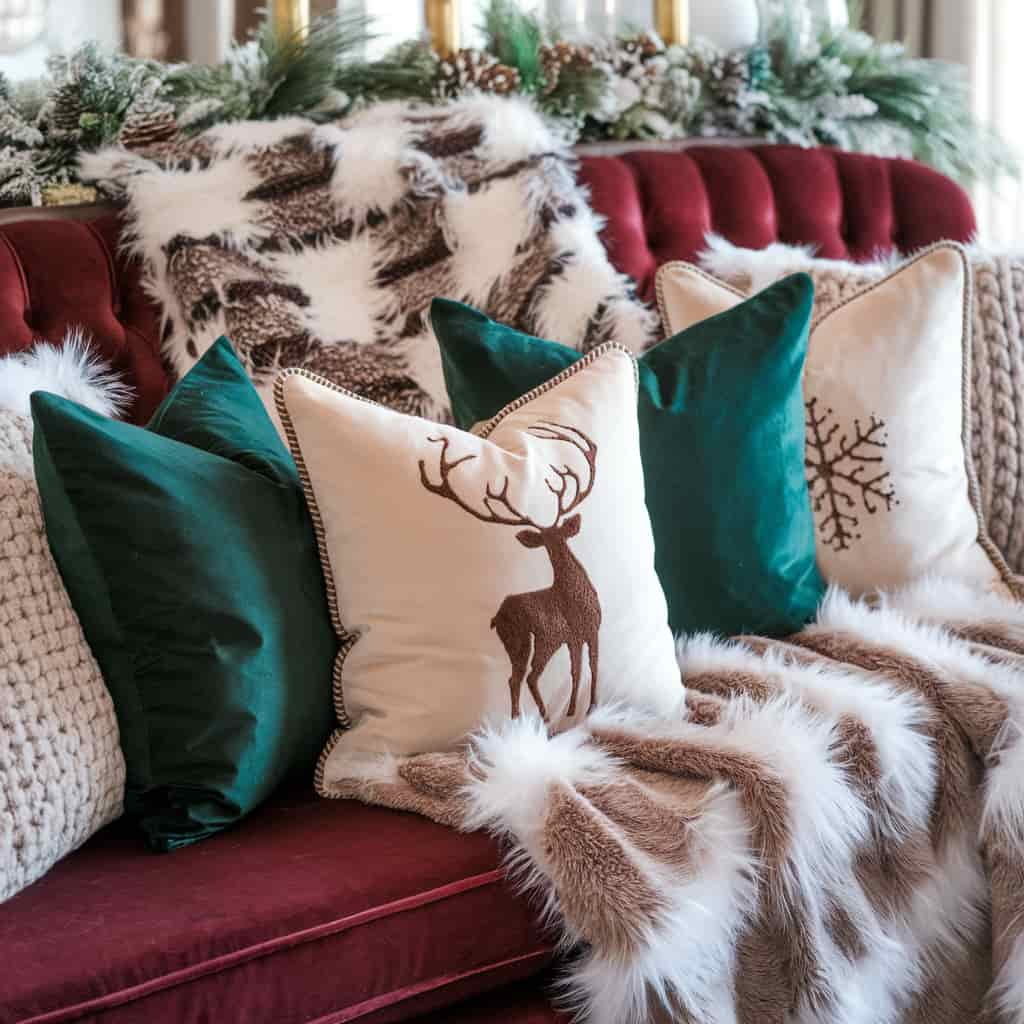 Christmas Living Room Decor with Luxurious Throws and Pillows