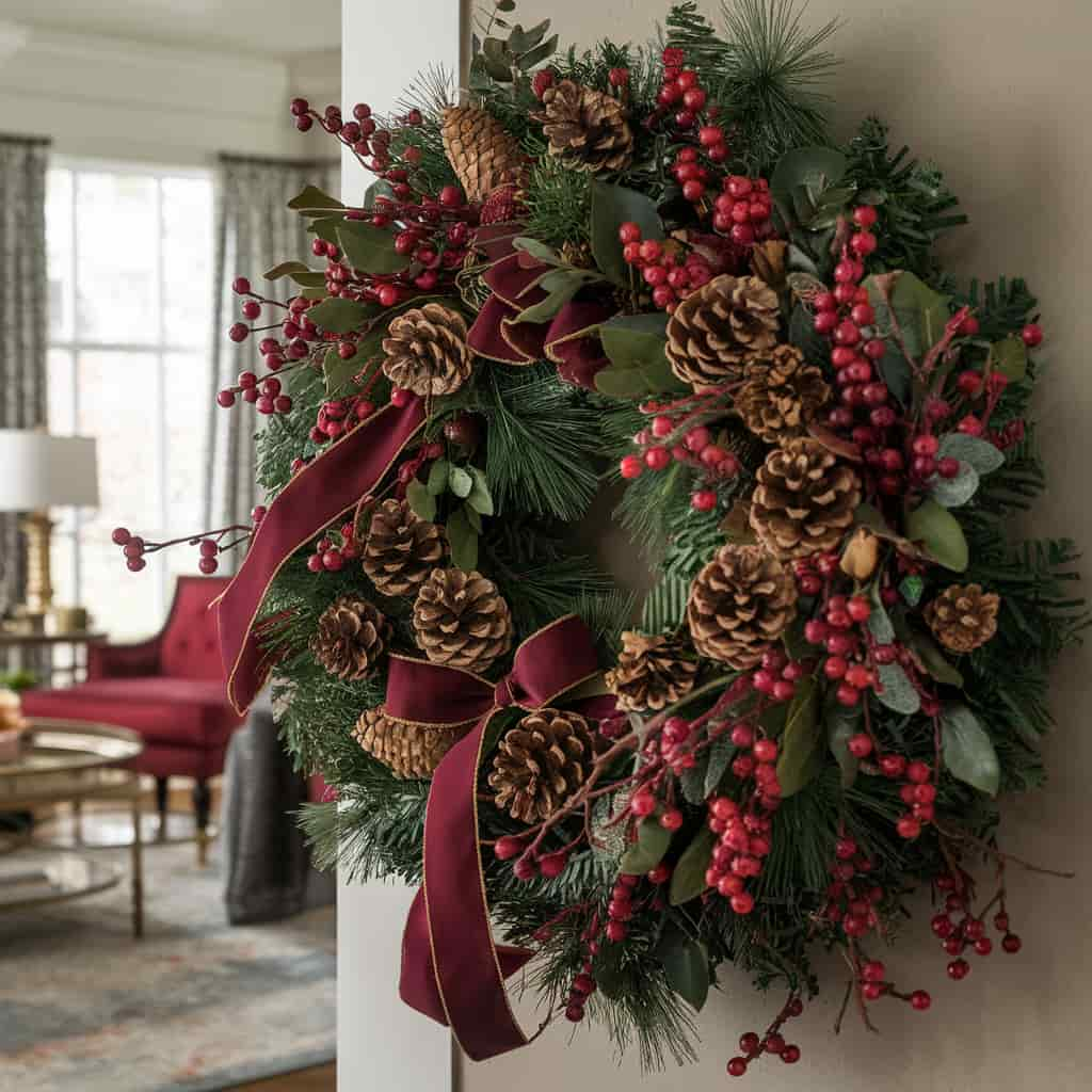 Burgundy Wreath with Berries and Pinecones