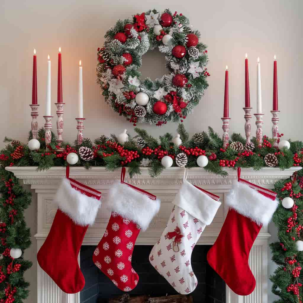 Red and White Christmas Decor with Christmas Mantel