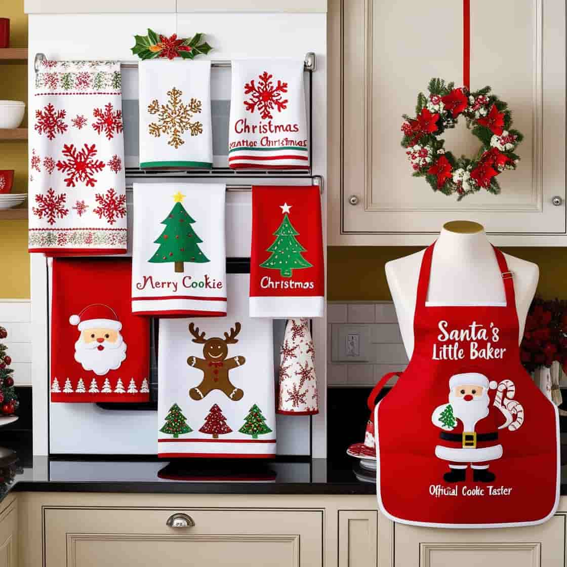 Christmas-Themed Dish Towels and Aprons