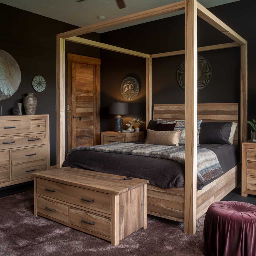 Dark Earthy Bedroom with Natural Wood Furniture